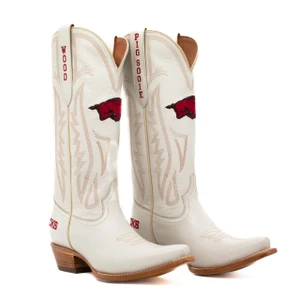 Razorback premium ivory leather boots with classic western embroidery stitching and multiple Razorback team logos on the toes and shaft