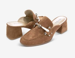 Vaneli suede apron-toe mule with metal bit keeper, padded insole and 2 inch covered heel.